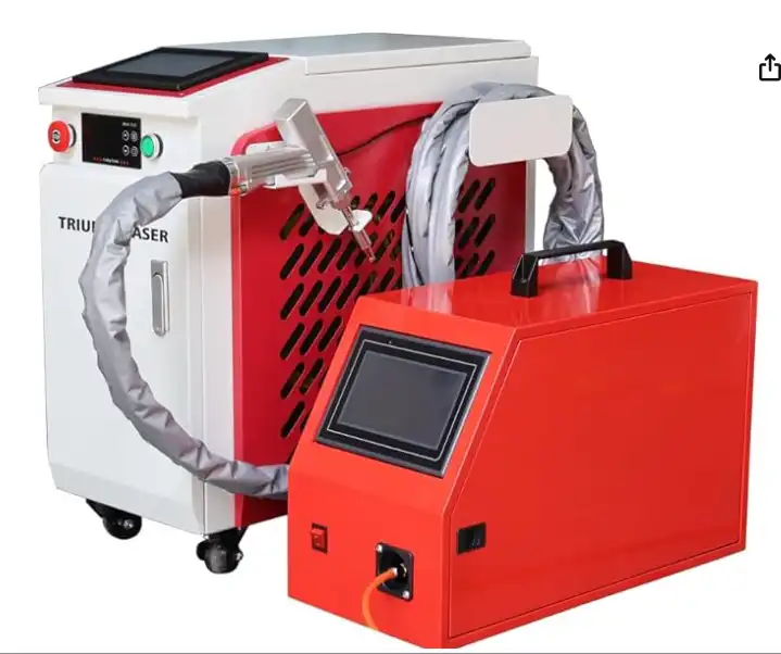 A Triumph Laser handheld fiber laser welder next to a red auxiliary control unit, both on caster wheels with coiled cables and touchscreen displays, set against a concrete workshop floor.