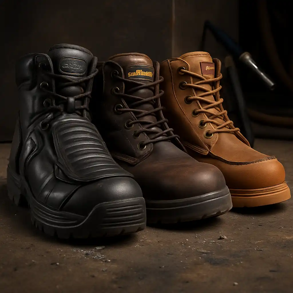 A high-resolution image showing three types of welding work boots on a gritty concrete floor, each featuring rugged construction and protective features.
