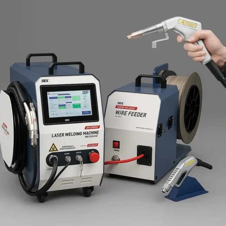 A high-resolution image of a handheld fiber laser welding machine with a touchscreen interface, separate wire feeder unit, and welding gun setup.