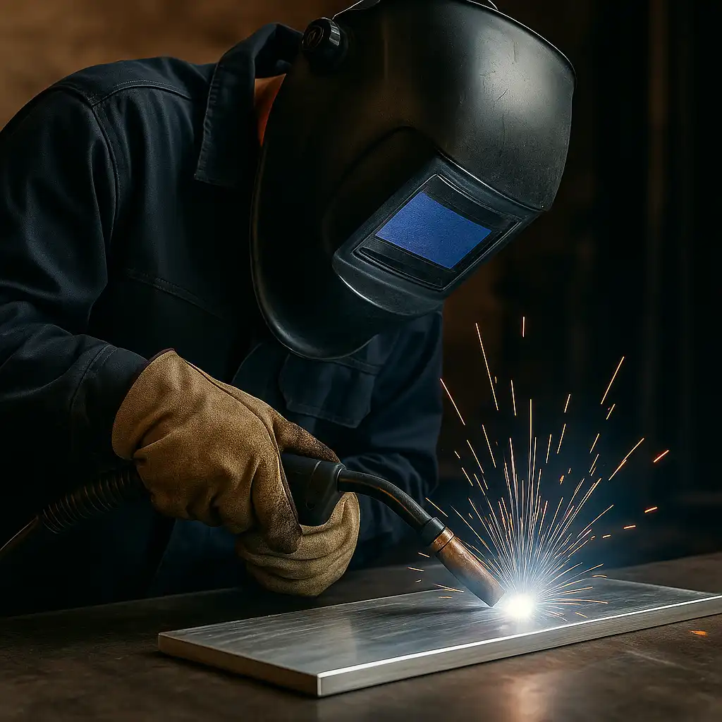 A welder working on an aluminum piece in a workshop, with bright sparks illuminating the work area.