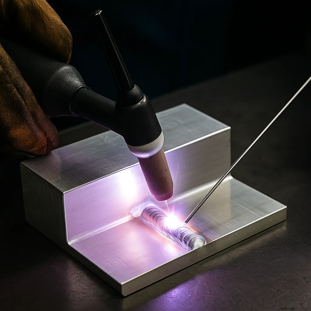 A TIG welding torch fusing two aluminum pieces with a glowing arc and filler rod, held by a gloved hand on a dark workshop table.