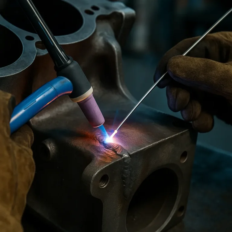 A close-up of TIG welding on a cast iron engine block, with a glowing arc and filler rod guided by gloved hands in a workshop setting.