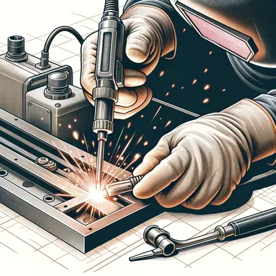 A detailed illustration of a person TIG welding cast iron, showing hands manipulating a TIG torch with visible sparks. Image for illustration purposes only.