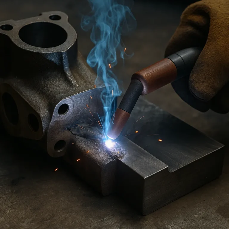 A welder fuses a cast iron component to a steel plate, with visible sparks and a focused arc under controlled lighting.