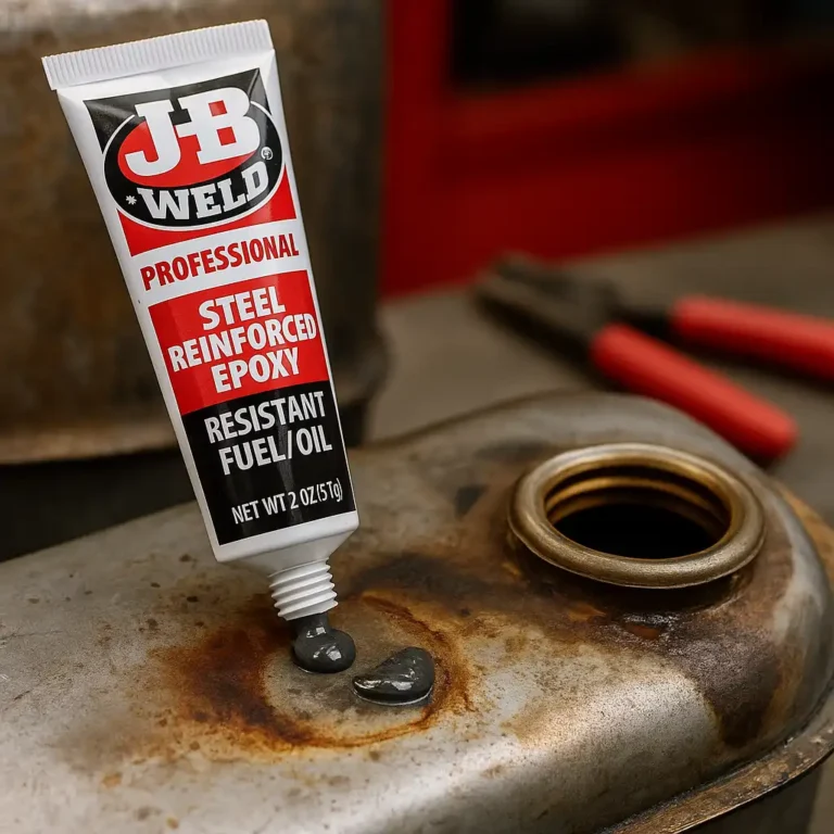 A tube of J-B Weld Professional Steel Reinforced Epoxy being applied to a rusty metal fuel tank in a workshop setting.