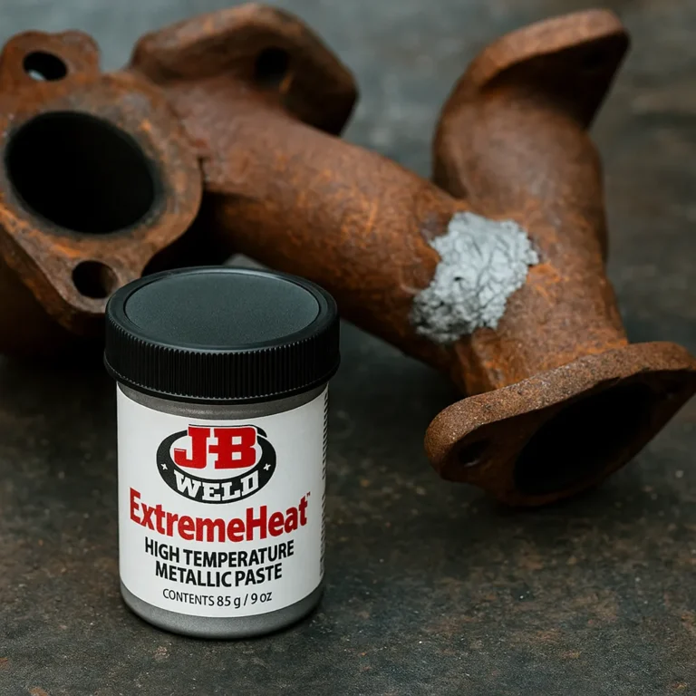 A close-up of a J-B Weld ExtremeHeat metallic paste container next to a rusted exhaust manifold with a sealed crack using the gray paste.