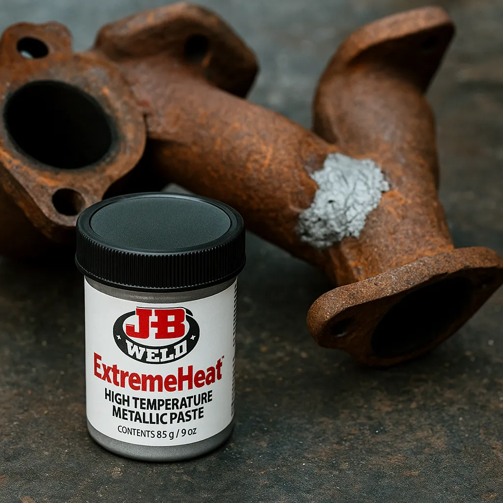 A close-up of a J-B Weld ExtremeHeat metallic paste container next to a rusted exhaust manifold with a sealed crack using the gray paste.