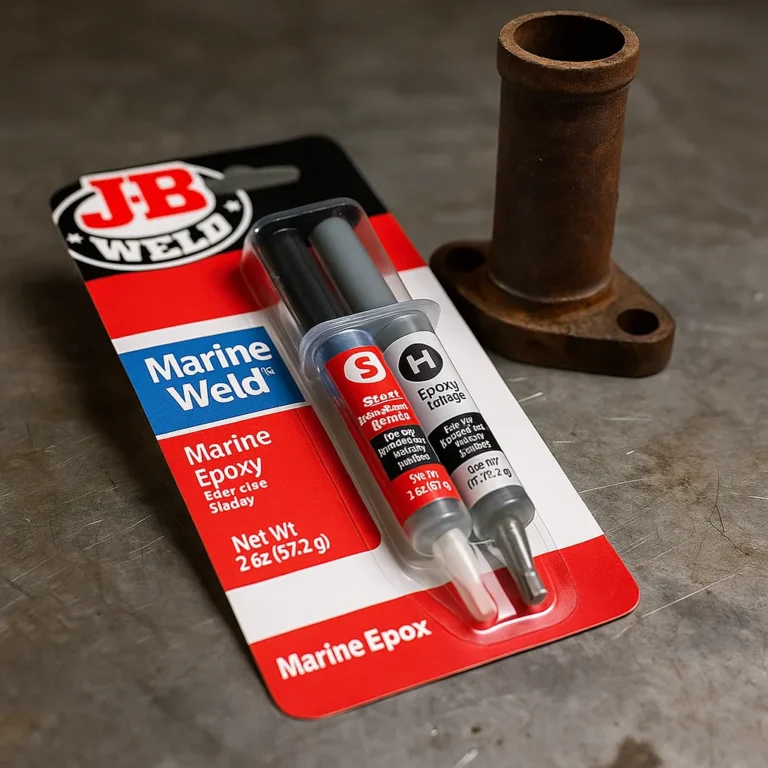 A photograph features J-B Weld MarineWeld, a 2 oz. marine epoxy pack resting on a metal surface next to a rusted pipe fitting.