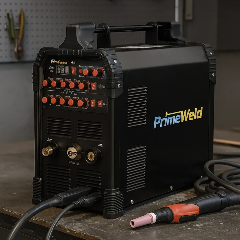 A PrimeWeld TIG225X welder sits on a metal workbench, featuring its black case, red control knobs, digital display, welding cables, and TIG torch nearby.