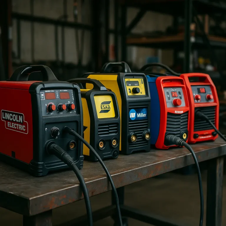 A high-resolution photograph displays a selection of welding machines from different global brands, lined up in a professional workshop setting.