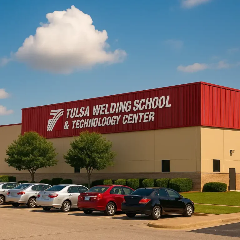 A digital photograph captures a large, single-story building marked "Tulsa Welding School & Technology Center" with a red sign, beige walls, and a neatly landscaped exterior.