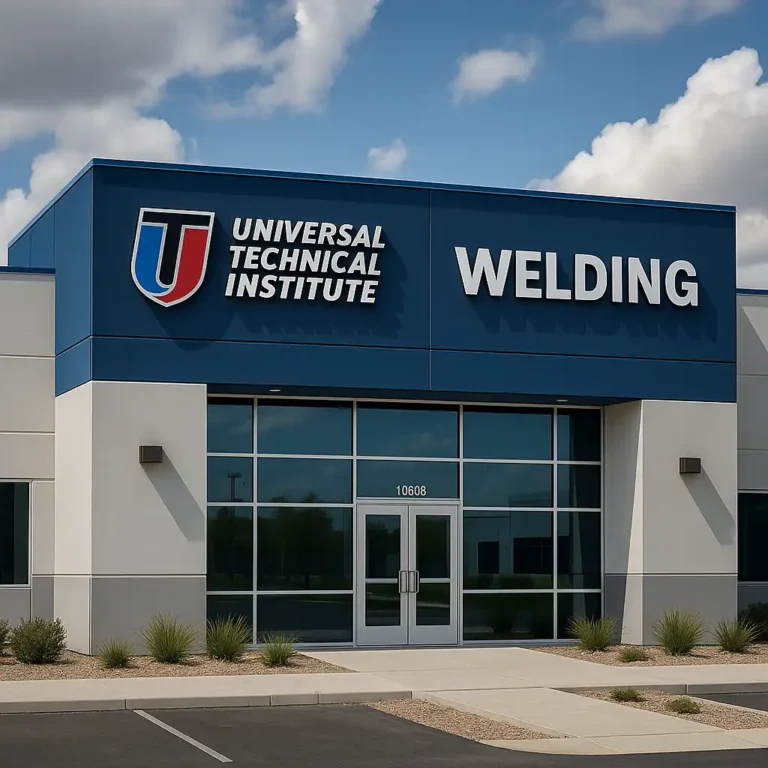 A modern Universal Technical Institute (UTI) welding school building with large glass doors, a bold blue sign, and landscaped surroundings under a partly cloudy sky.