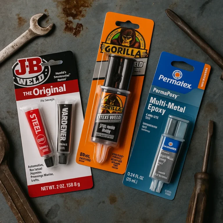 Three epoxy adhesives—J-B Weld Original, GorillaWeld, and Permatex PermaPoxy—placed on an oily metal workbench surrounded by tools.