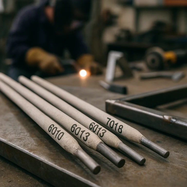 Close-up of assorted welding rods labeled 6010, 6013, and 7018 arranged on a metal workbench, with a blurred welder and shop tools in the background.