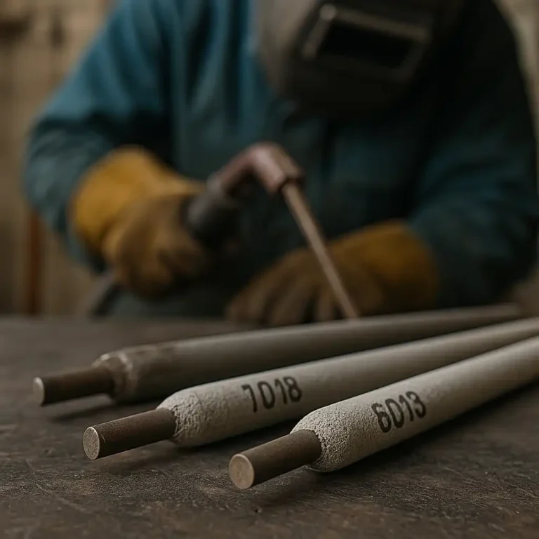 Close-up of three welding rods marked 6010, 7018, and 6013 on a metal surface with a welder in protective gear blurred in the background.