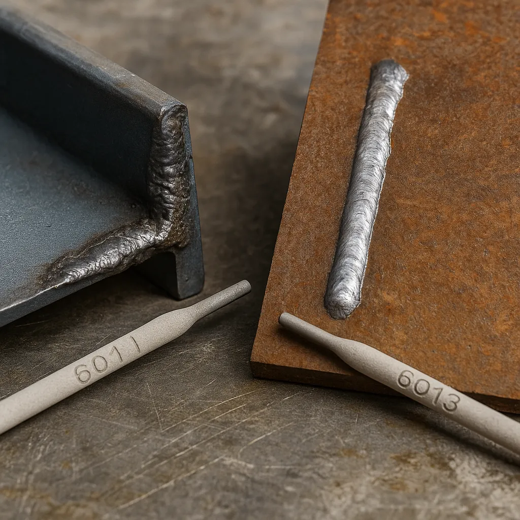 A photograph provides a close-up view of two welded joints: a rough 6011 weld on steel and a smooth 6013 weld on rusty metal, with both rods labeled.