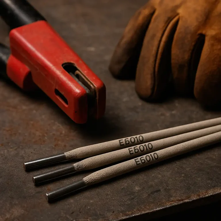 Close-up of three E6010 welding rods on a metal work surface with a red electrode holder and leather welding glove nearby.