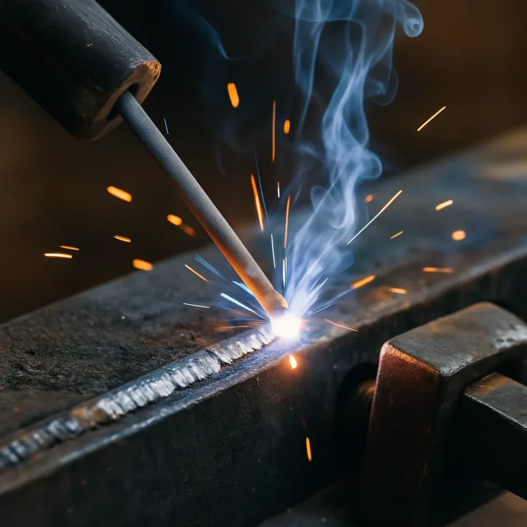 A photograph captures welding in progress, focusing on a stick electrode creating a bright arc with sparks and smoke, while forming a clean bead on a clamped metal workpiece.