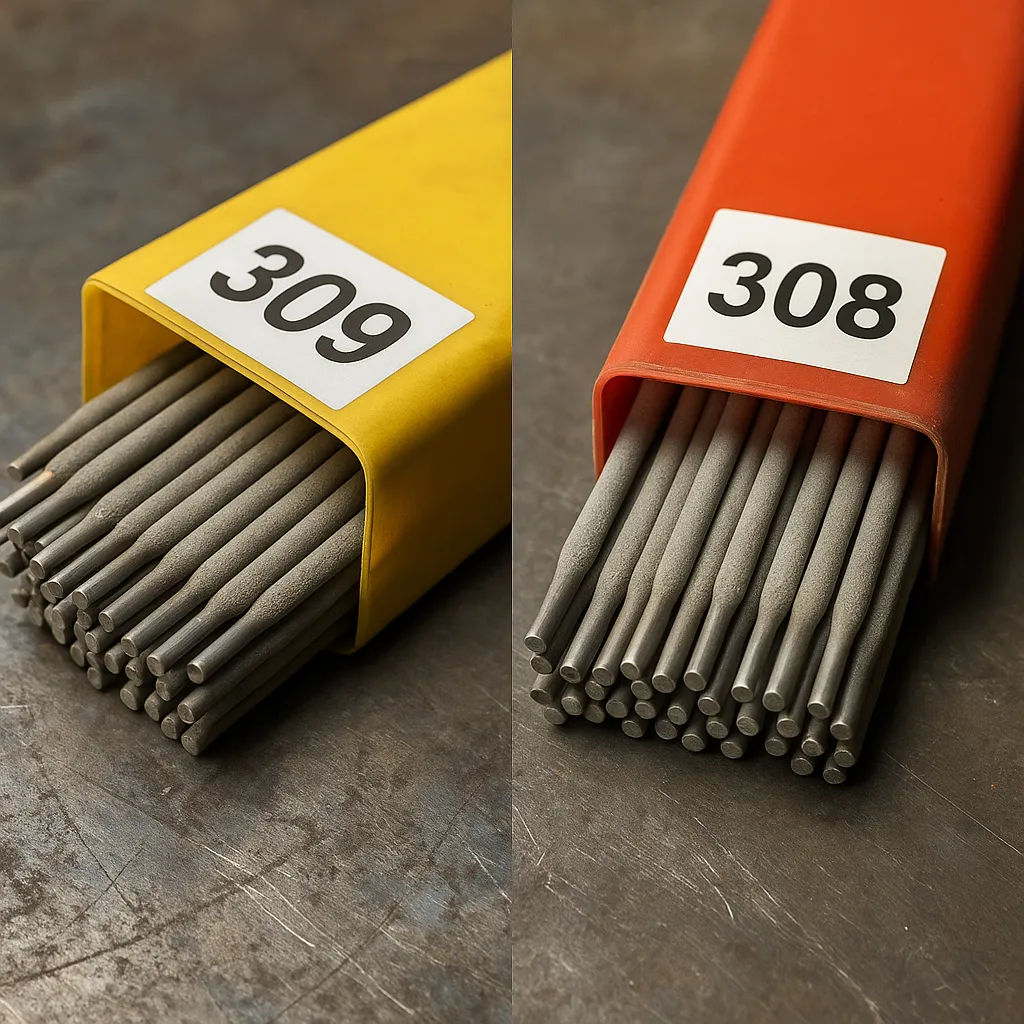 Close-up comparison of 308 and 309 stainless steel welding rod packages, side-by-side on a metal workbench.
