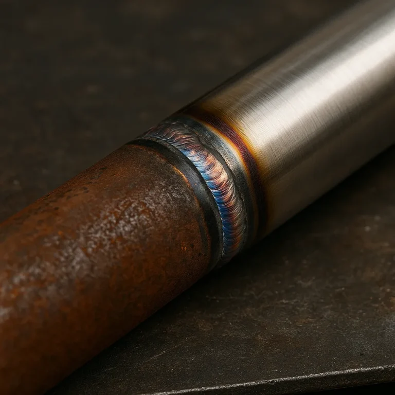 A high-resolution close-up of carbon steel and stainless steel being welded together, with sparks flying and protective gear visible in a workshop setting.