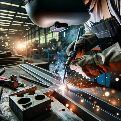 A welder joining carbon steel and stainless steel with a welding torch, sparks flying in a workshop setting, tools and safety equipment visible. Image for illustration purposes only.