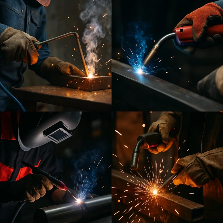 A high-resolution collage showing four realistic welding techniques: stick welding, MIG welding, TIG welding, and flux-core welding, each with active sparks and visible gear in a workshop setting.