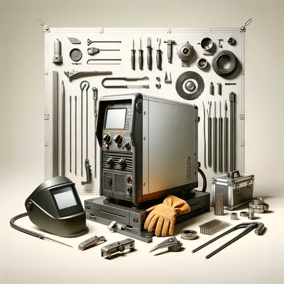 Professional welding machine surrounded by essential tools on a neutral background. Image for illustration purposes only.