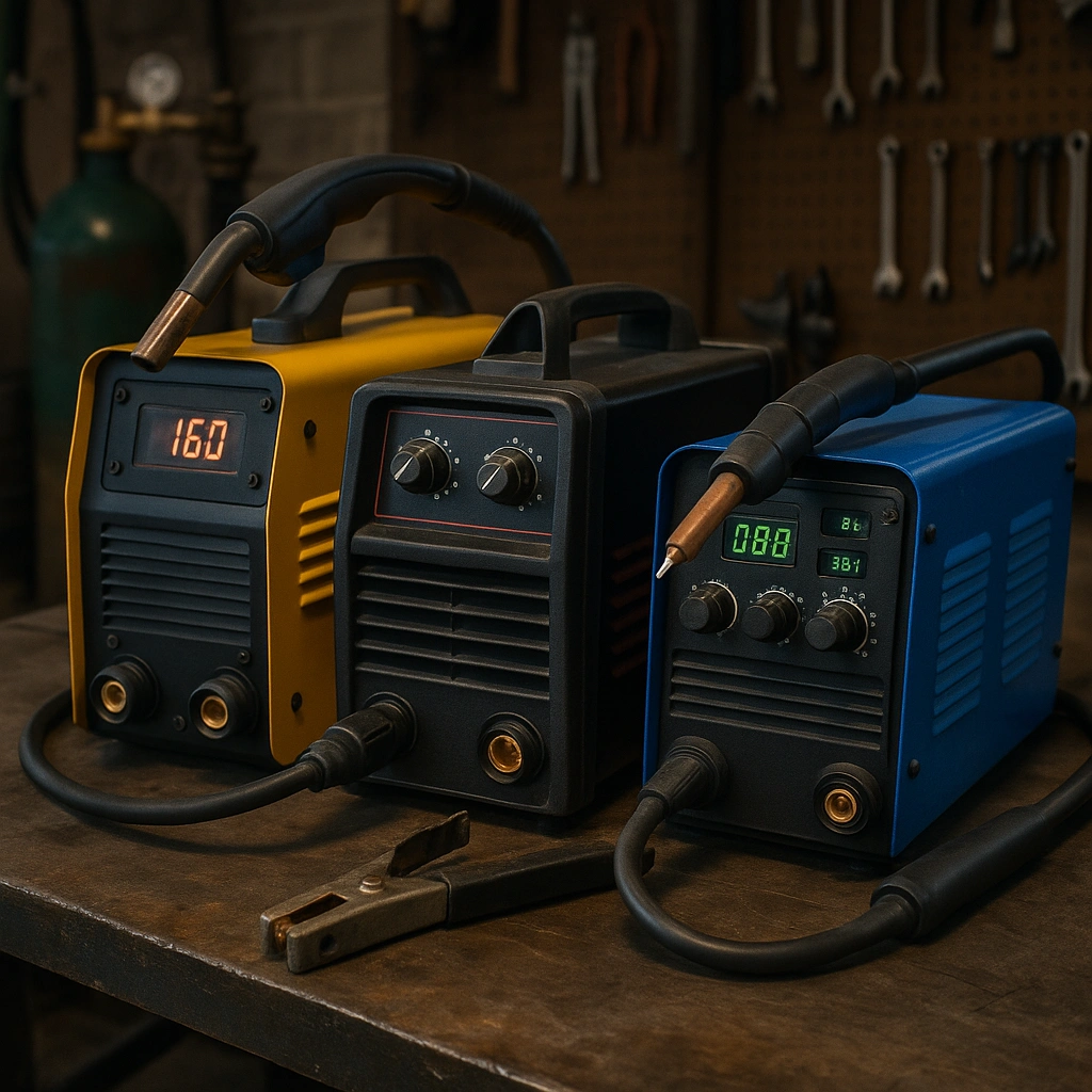 A high-resolution photograph displays three distinct welding machines—yellow, black-red, and blue—lined up on a workbench in a workshop, surrounded by tools and soft ambient lighting that highlights their controls and welding cables.