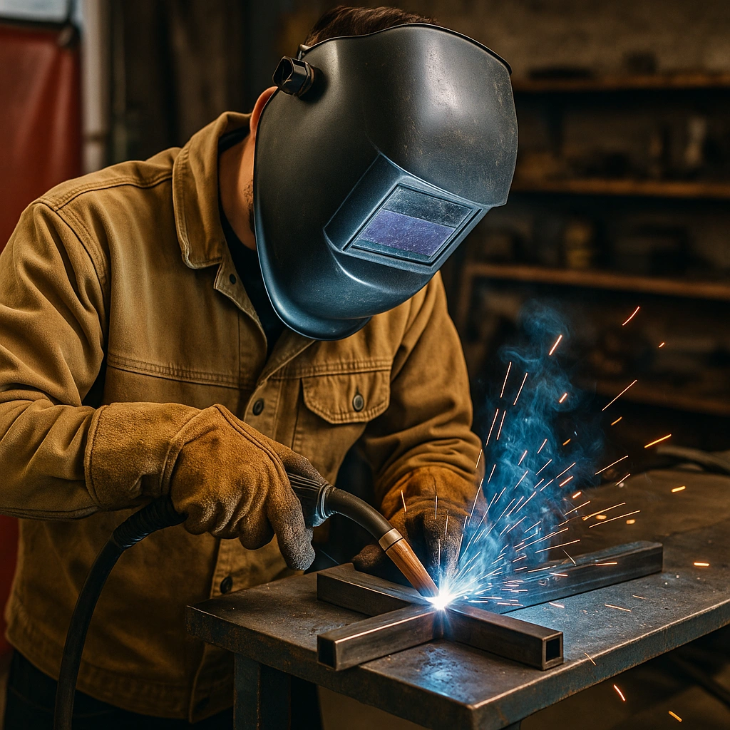A photograph captures a light-skinned welder in his workshop, mid-process, wearing a tan jacket and black welding helmet while welding a metal T-joint with sparks flying.