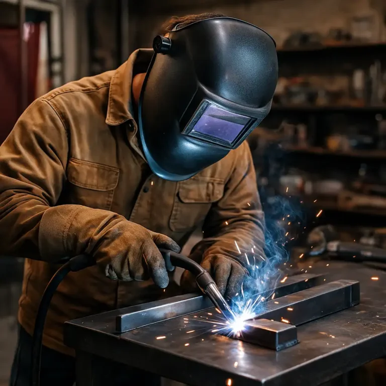 A welder learning MIG welding in a real workshop, wearing an auto-darkening helmet and gloves while running a bead on steel at a workbench.
