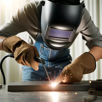 A beginner welder practices welding metal, showing the process of learning this valuable skill. Image for illustration purposes only.