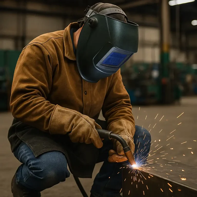 A welder wearing full protective gear, including a dark auto-darkening helmet, leather jacket, gloves, and work boots, performing a weld in a workshop with sparks flying from the metal surface.