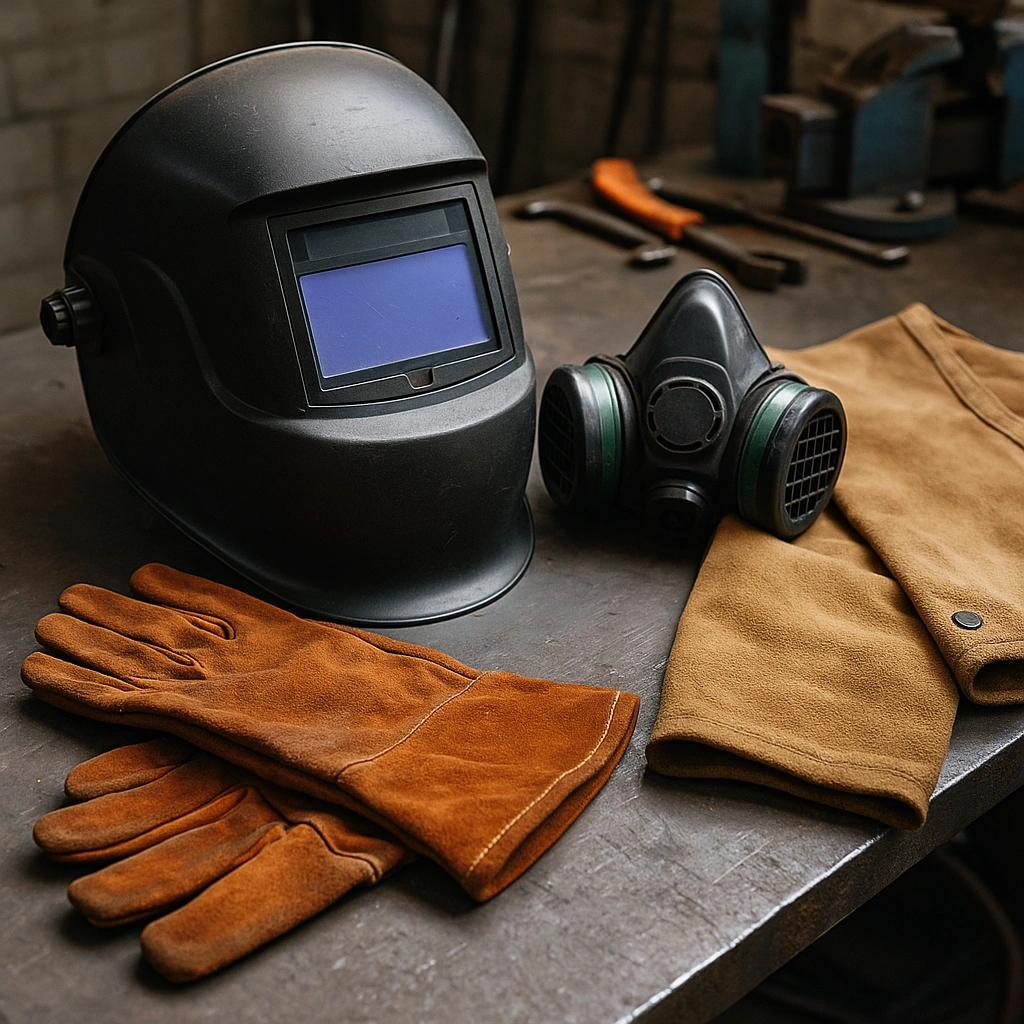 A photograph showcases welding safety gear laid out on a metal workbench, including a matte black auto-darkening helmet, leather gloves, a dual-cartridge respirator, and a tan flame-resistant jacket, with workshop tools blurred in the background.