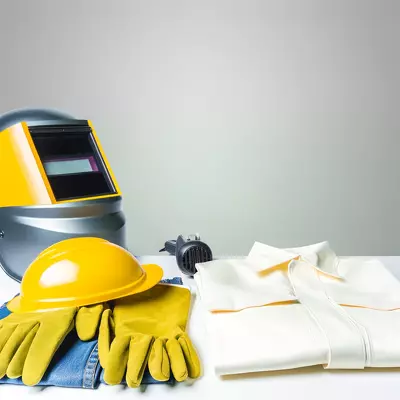A variety of welding safety equipment including helmets, gloves, and protective clothing neatly arranged. Image for illustration purposes only.