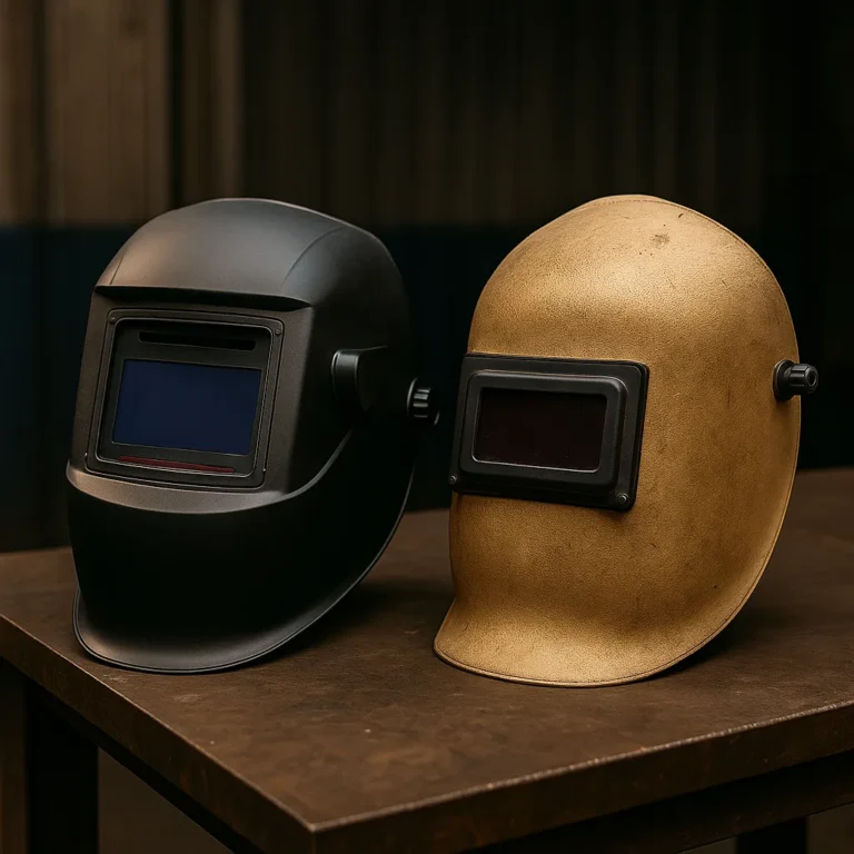 A photograph presents two welding headgear options side by side: a modern auto-darkening helmet and a traditional pipeliner welding hood on a workbench.