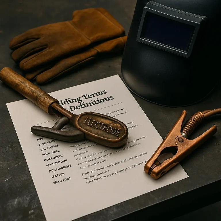 A photograph captures welding equipment and documentation materials arranged on a workshop table, including gloves, a welding hood, and printed welding term guides.