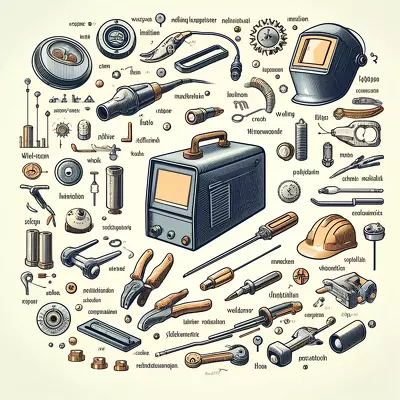 Illustration featuring key welding terms and definitions with various welding symbols, tools, and equipment such as a welding machine, electrodes, and a safety helmet. Image for illustration purposes only.