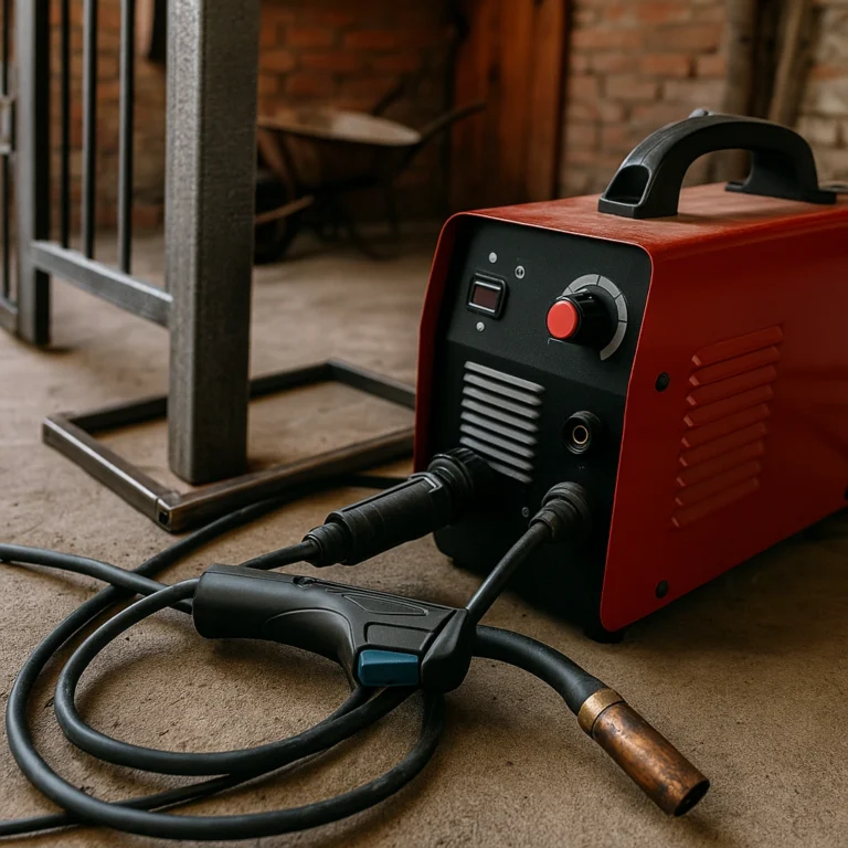 A photograph captures a MIG (Metal Inert Gas) welding machine with its torch resting on a workshop floor, surrounded by a partially assembled steel frame and metal repair materials.