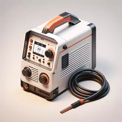 Modern MIG welder machine with white and orange color scheme, showcasing control dials and a welding gun. Image for illustration purposes only.