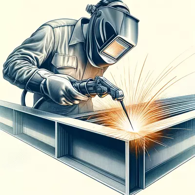 Welder using flux core welding on metal, showing sparks and molten metal. Image for illustration purposes only.