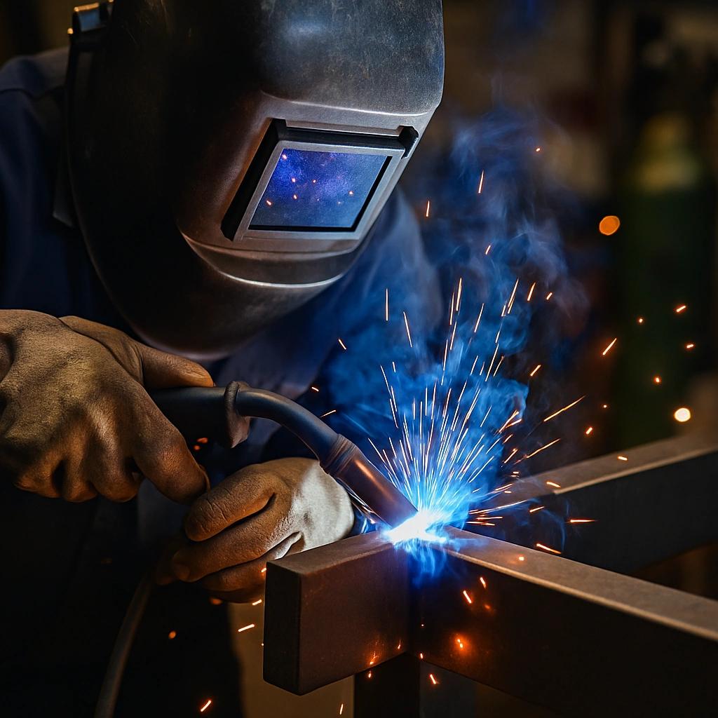 A high-resolution photograph captures a welder at work using a MIG torch, with bright blue sparks lighting up the steel being welded in a dimly lit workshop.