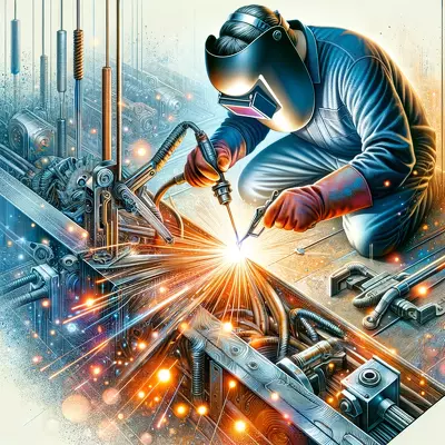A vivid scene showing a welder using a MIG welder, surrounded by sparks and metal fusion, demonstrating the precision of MIG welding. Image for illustration purposes only.