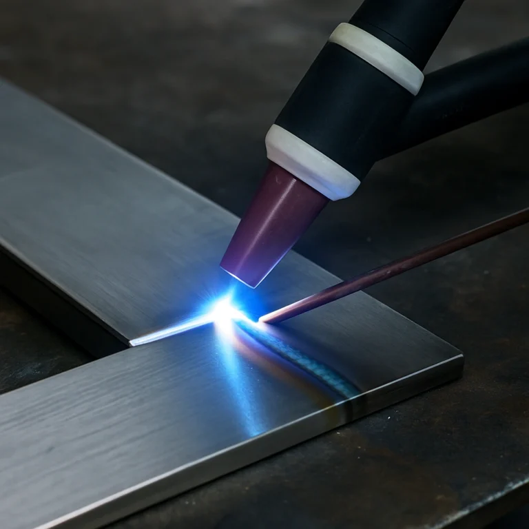 A high-resolution digital photograph captures Tungsten Inert Gas (TIG) welding in action, with a bright arc forming between the torch and two clean metal plates.