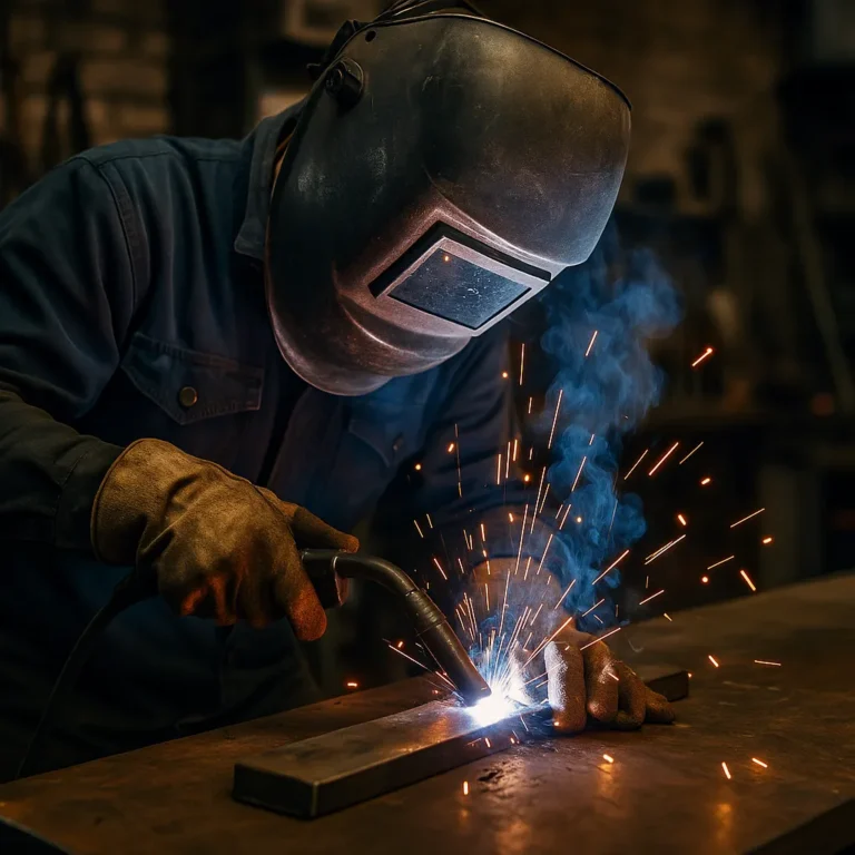 A welder in protective gear fusing metal on a workbench, with sparks and blue arc lighting in a dim workshop.