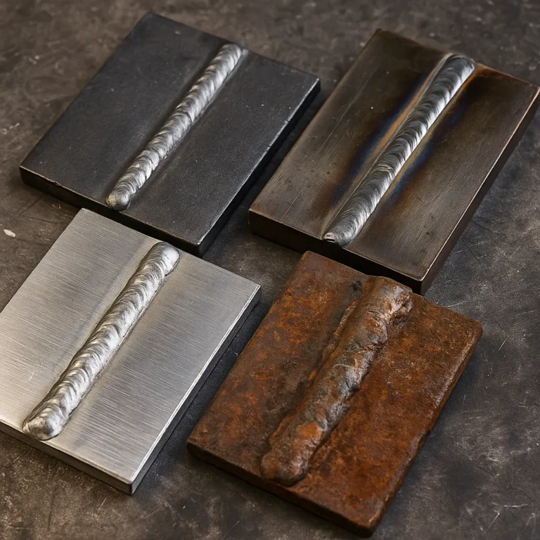 A photograph displays four metal workpieces laid out on a dark workshop table, each showing a different welded seam—from smooth stainless steel to rough, rusted cast iron.