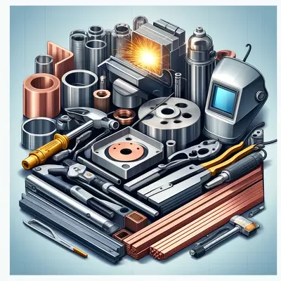 Illustration of various metals including steel, aluminum, copper, nickel, and titanium with welding tools like a welding torch and safety goggles. Image for illustration purposes only.