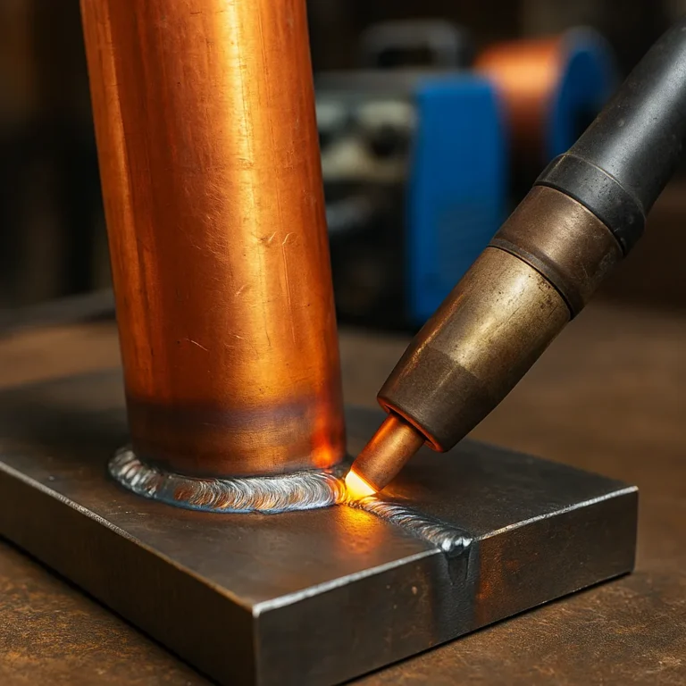 A close-up view of a MIG welding process joining copper and steel, with visible sparks and clamps securing the metal workpieces on a metal table.