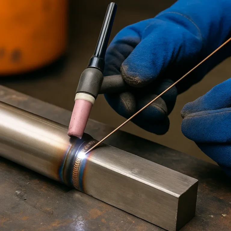 A high-resolution photograph shows a close-up of TIG welding in action, fusing titanium to steel with a clean, colorful weld bead and gloved hands guiding the torch.