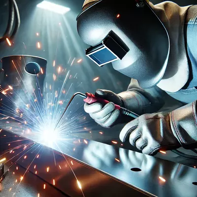 A realistic image of a welder in protective gear welding titanium to steel, with visible sparks and welding equipment. Image for illustration purposes only.