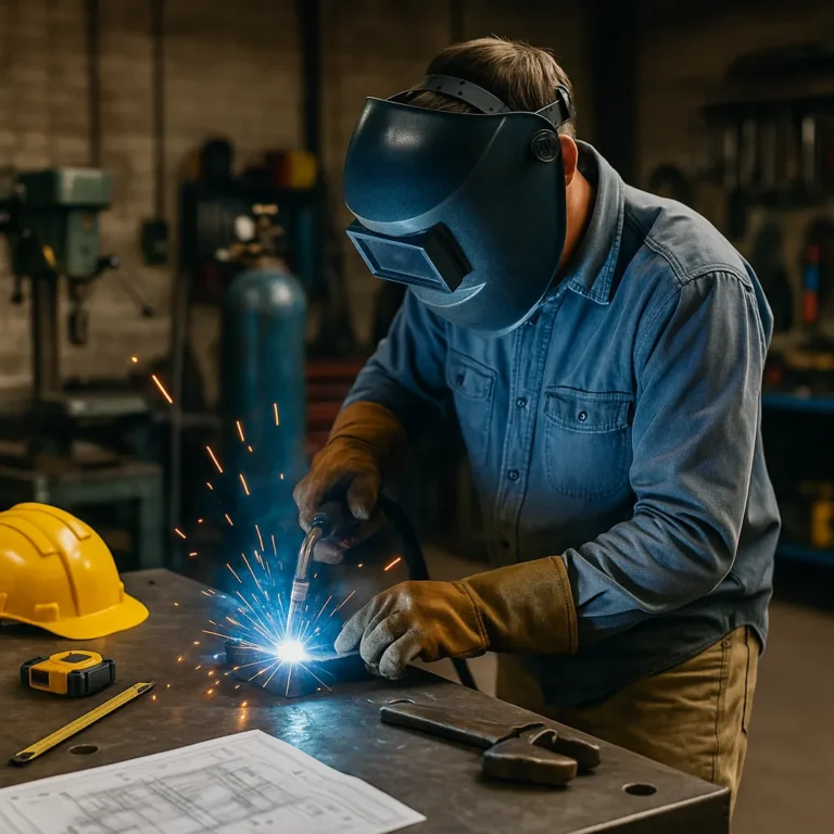 A high-resolution photograph showcases a male welder in a protective helmet and gloves working in a workshop, producing bright sparks as he welds metal on a table surrounded by tools and blueprints.